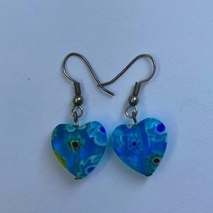 Sea blue Italian glass heart earrings with floral design